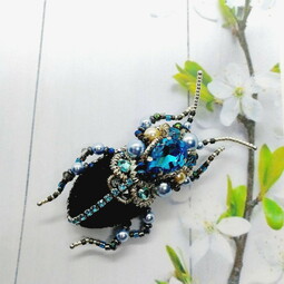 Black-blue bug and flower brooches