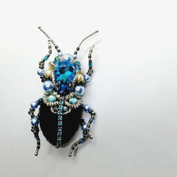 Black-blue bug and flower brooches